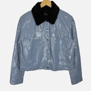 DOLCE CABO Womens Aviator Jacket Medium Blue Patent Leather Bomber Sherpa Y2k S
